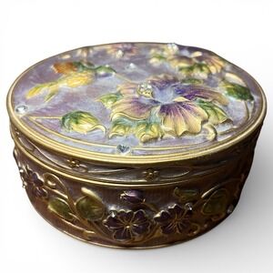 Round Enameled Metal Floral Jewelry Box Hi He'd With Mirror NWT Hummingbird